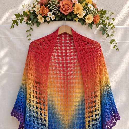 Châle mariage en dentelle multicolore au crochet forme triangle - étole élégante 100 % coton - cérémonie, fait main