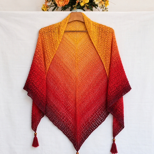 Châle etole crochet mariage dégradé rouge orange soyeux "fire spirit" artisanat pièce unique point pop corn dentelle idéal cérémonie