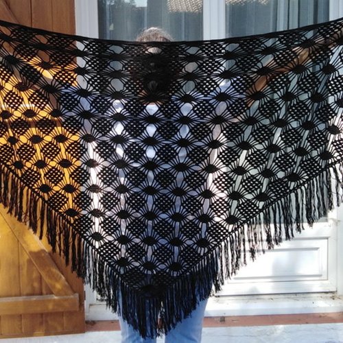 Etole châle mariage cocktail réception crochet fait main black sun 260cm dentelle noire shawl coton acrylique chic élégant soirée boho
