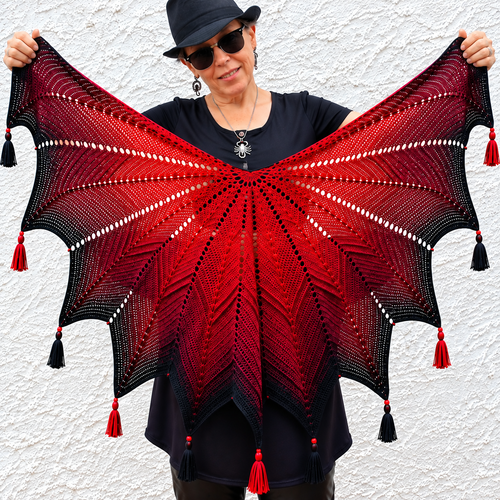 Châle rouge et noir fait main au crochet en laine, forme à onze pointes, dégradé avec perles et pompons, grande étole femme