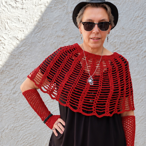Top gothique rouge au crochet, toile d’araignée, avec mitaines résille assorties – halloween