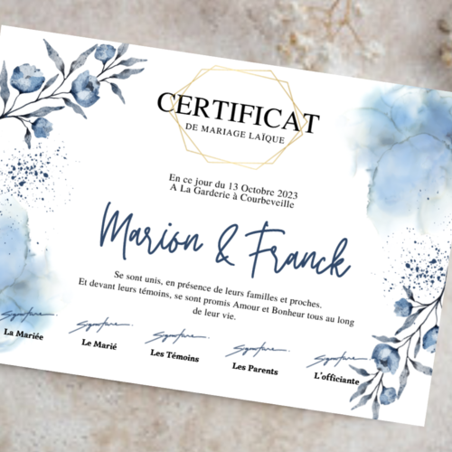 Certificat d'union pour cérémonie laïque bleu floral format numérique