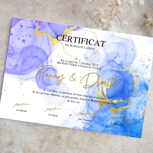 Certificat d'union pour cérémonie laïque graphique violet et bleu format numérique