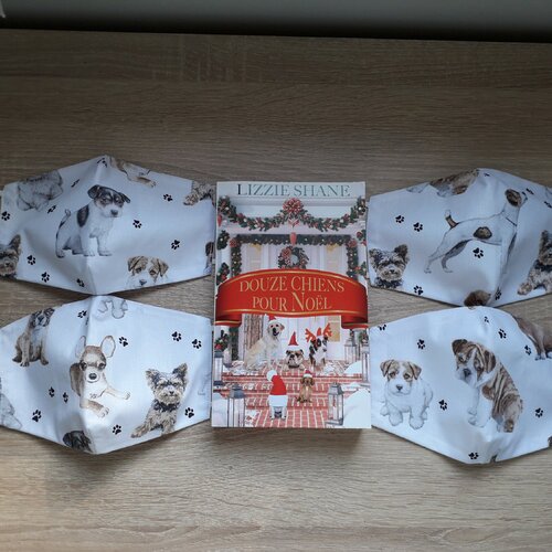 Coffret cadeau empreintes chiens : 4 masques en tissu lavables zéro déchet + un livre &quot;douze chiens pour noël&quot;