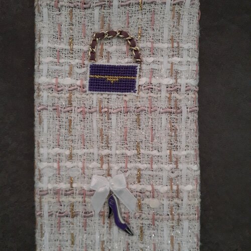 Ravissant protège-carnet en tweed et son carnet - sac à main et escarpins violets - fait main