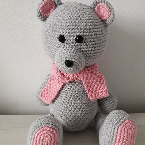 Doudou ours gris au crochet amigurumi - peluche jouet bébé  - fait main