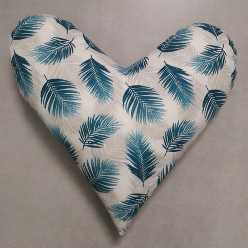 Coussin coeur feuilles bleues post mastectomie ou décoration - cancer du sein - fait main