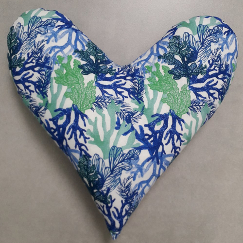 Coussin coeur coraux bleu vert post mastectomie ou décoration - cancer du sein - fait main