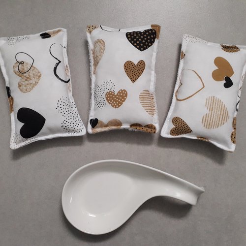 Lot de 3 éponges lavables 3 finitions coeurs beiges - zéro déchet - fait main
