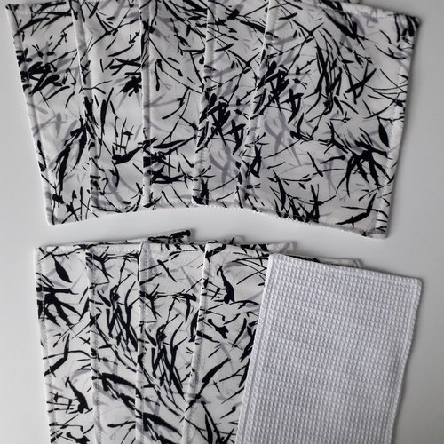 Lot de 10 lingettes feuilles noires et grises lavables en tissu - plusieurs motifs - zéro déchet - fait main
