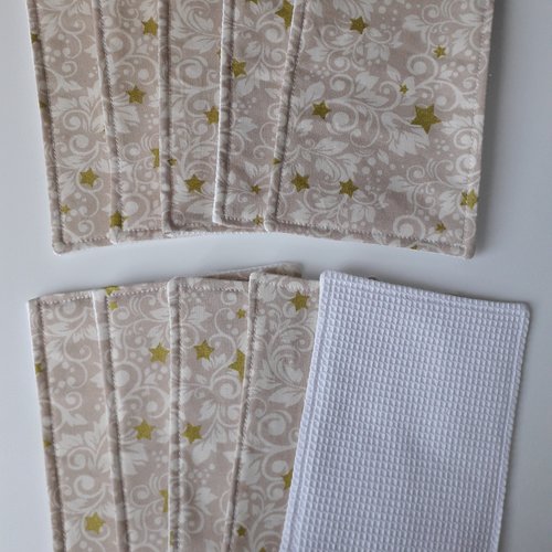 Lot de 10 lingettes étoiles beige et or lavables en tissu - plusieurs motifs - zéro déchet - fait main