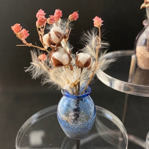 2 compositions - fleur miniature - maison de poupée fleur de coton vase en verre