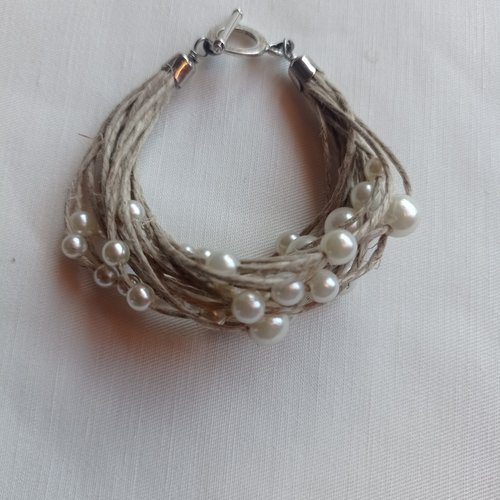 Bracelet "constellation blanche" en lin naturel et perles nacrées