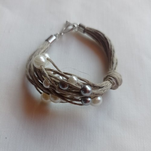 Bracelet "comète" gris en fil de lin naturel et perles nacrées