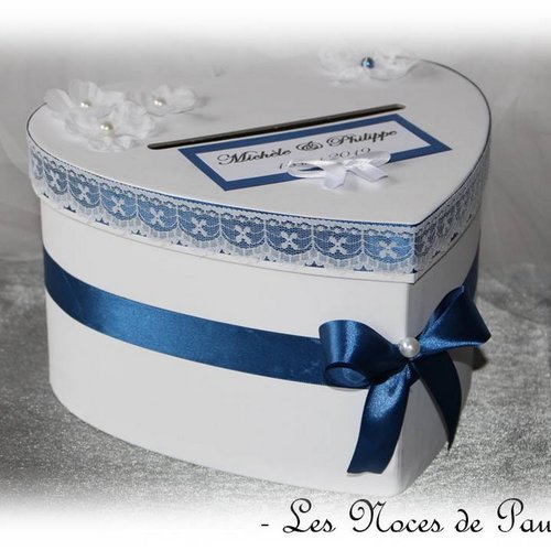Urne de mariage bleu marine et blanc cœur, urne tirelire boite cadeaux mariage personnalisée