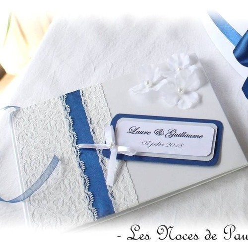 Livre d'or mariage bleu marine et blanc dentelle pm et son stylo