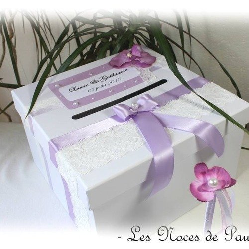  urne de mariage parme et blanc orchidée dentelle tirelire boite cadeaux mariage personnalisé