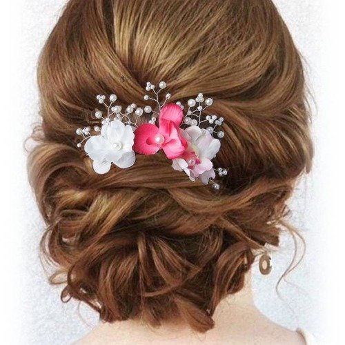 Pics à chignon rose fuchsia et blanc fleurs perles lot de 3  épinglescheveux mariage coiffure mariée