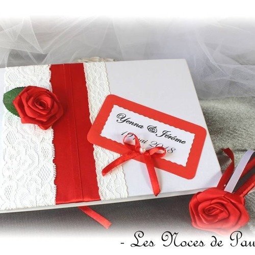 Livre d'or mariage rouge et blanc dentelle pm et son stylo, rose en satin