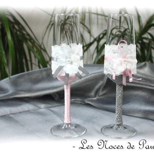  flûtes à champagne de mariage rose, gris et blanc fleur et dentelle, cadeau mariés