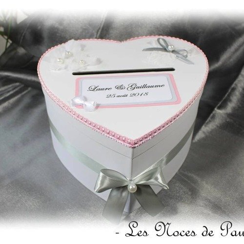  urne de mariage rose gris blanc cœur, urne tirelire, boite cadeaux mariage personnalisée
