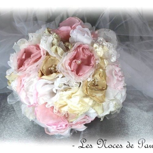 Bouquet de mariée rose, blanc et champagne éternel, bouquet tissus fait main