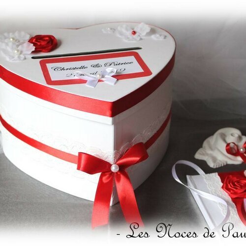  urne de mariage rouge et blanc coeur,  tirelire boite cadeaux, mariage personnalisé, rose et dentelle, urne cœur rouge