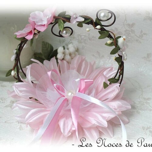 Porte alliances rose et blanc anneaux mariage fleur & colombe, thème champêtre