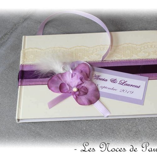 Livre d'or mariage violet ivoire orchidée plume dentelle et son stylo