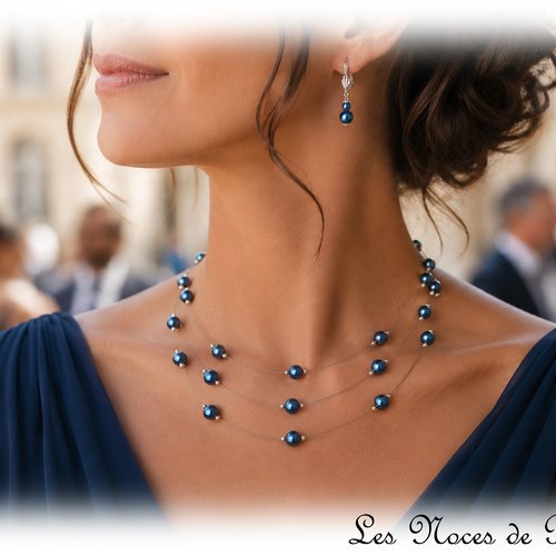 Collier bleu foncé perles trois rangs elisa