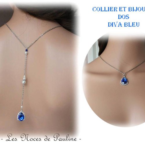 Collier de dos bleu roi perles et strass diva, collier de mariage, bijou de dos