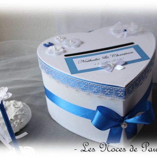 Urne de mariage bleu roi et blanc cœur, urne tirelire boite cadeaux mariage personnalisée