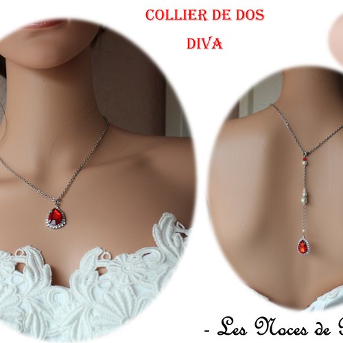 Collier de dos rouge perles et strass diva, collier de mariage, bijou de dos