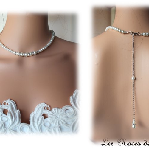 Collier de dos mariage ivoire perles et strass vicky, collier de perles,  bijoux mariage perles nacrées