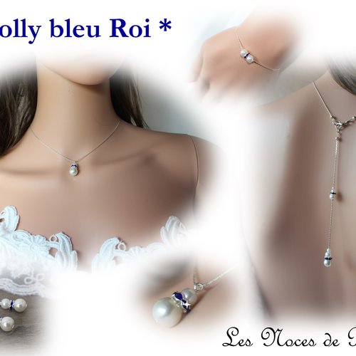 Parure de mariage ivoire et bleu roi perles et strass dolly collier bijou de dos bijoux, collier de dos