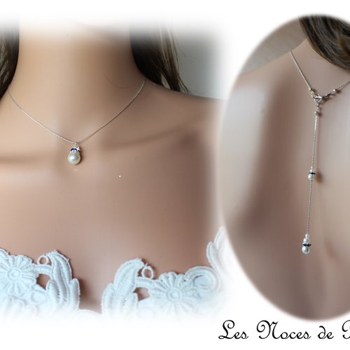 Collier de dos ivoire et bleu roi perles et strass dolly, collier bijou de dos bijoux, collier mariage