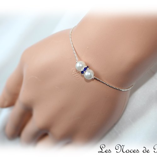 Bracelet de mariage ivoire et bleu roi perles et strass dolly
