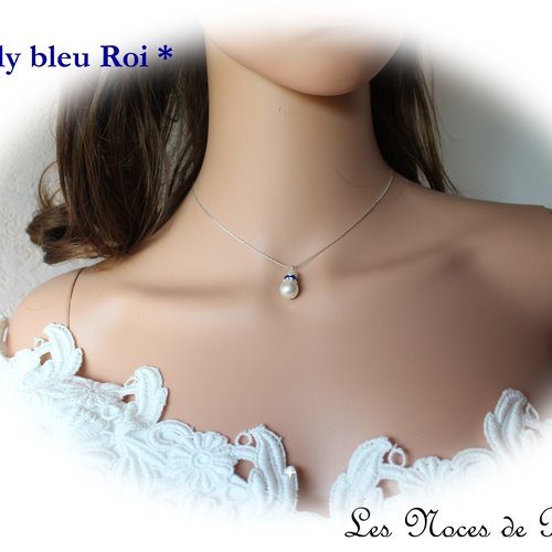 Collier de mariage ivoire et bleu roi perles et strass dolly, collier mariage bleu roi