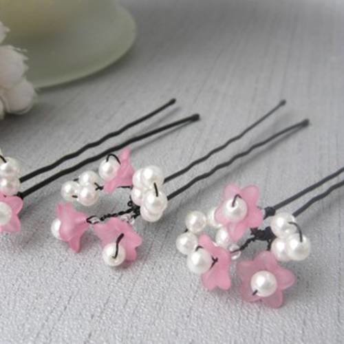 Epingles à cheveux rose et blanc à petites fleurs lot de 3 v2a 