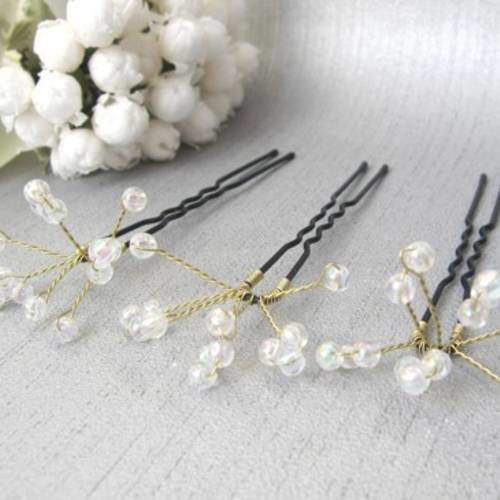 Pics à chignon blanc irisé et doré or, 3 pces