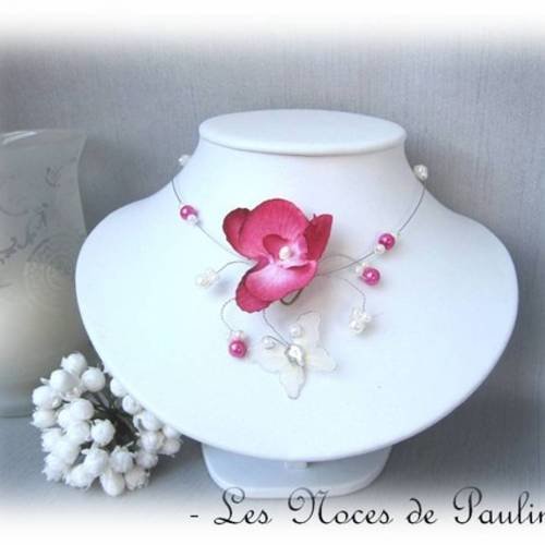 Collier mariage orchidée rose fuchsia et blanc esther, collier papillon, cérémonie