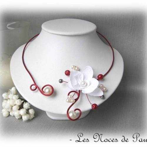 Collier mariage blanc et rouge à fleur orchidée anaïs, collier fleur, collier mariage rouge,