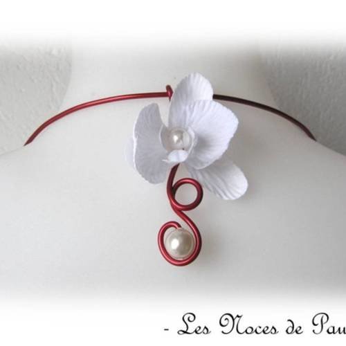 Bijou de dos blanc et rouge orchidée à volutes mariage