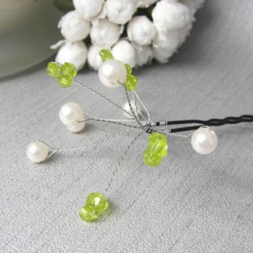 Pic à chignon vert et blanc bouquet de perles, bijou mariage