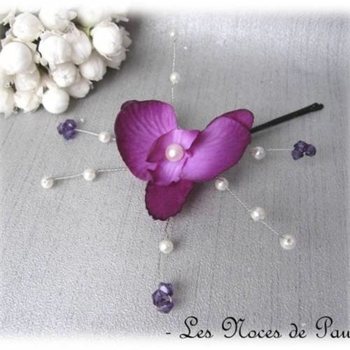 Barrette mariage violet et blanc avec facettes orchidée 
