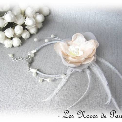 Parure mariage à fleur pêche camélia, bracelet et broche collection les textiles 