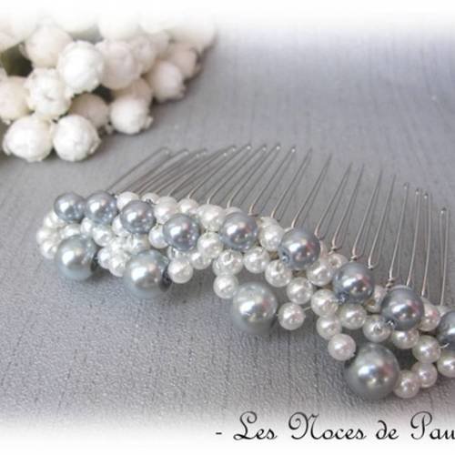 Peigne mariage blanc et gris à petites perles, argent v2