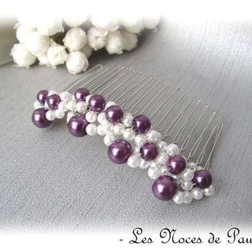 Peigne mariage violet et blanc à petites perles nacrées, argent 2