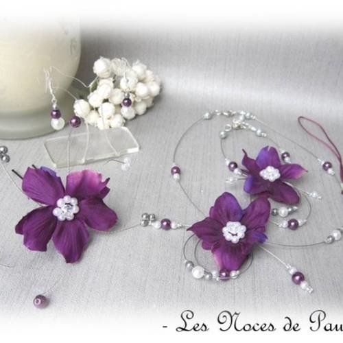 Pic à chignon violet, blanc et gris à fleur eva, bijou mariage 