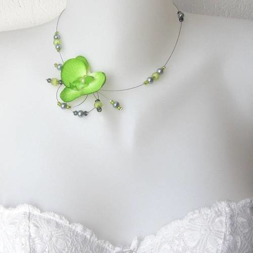 Collier mariage vert anis et gris orchidée candice 4 